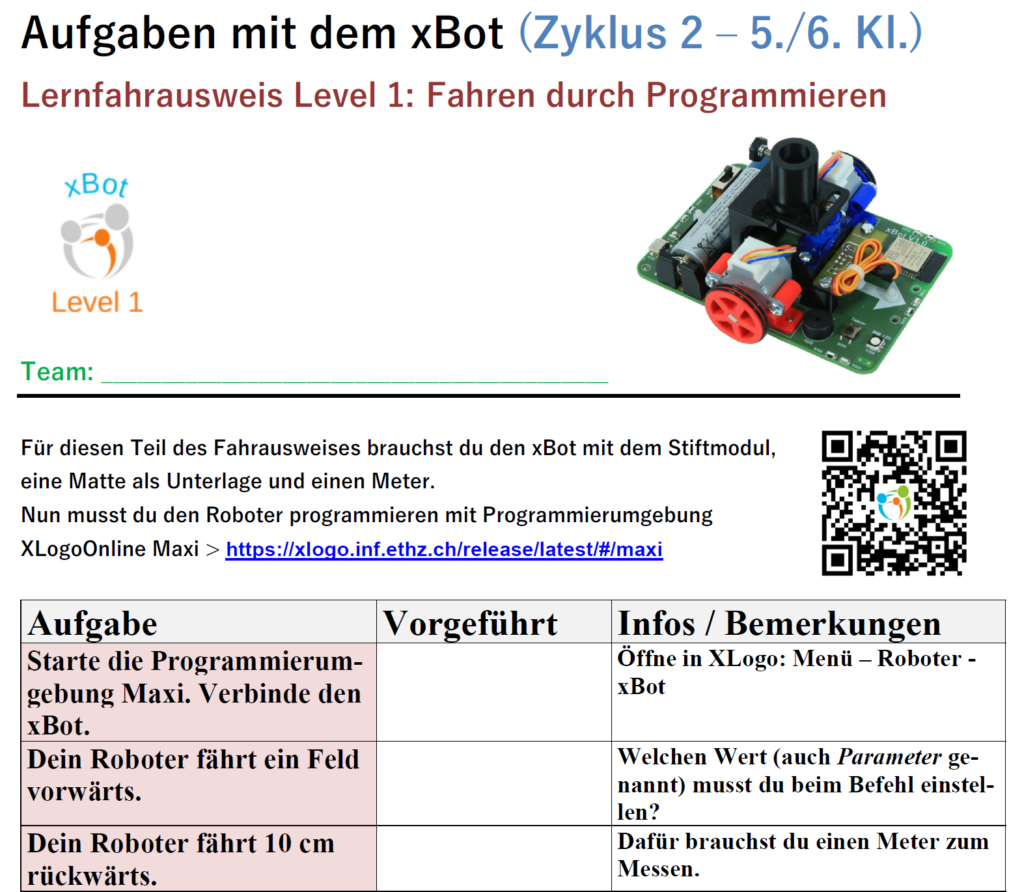 Lernfahrausweis - gelungener Einstieg in die Robotik mit dem xBot